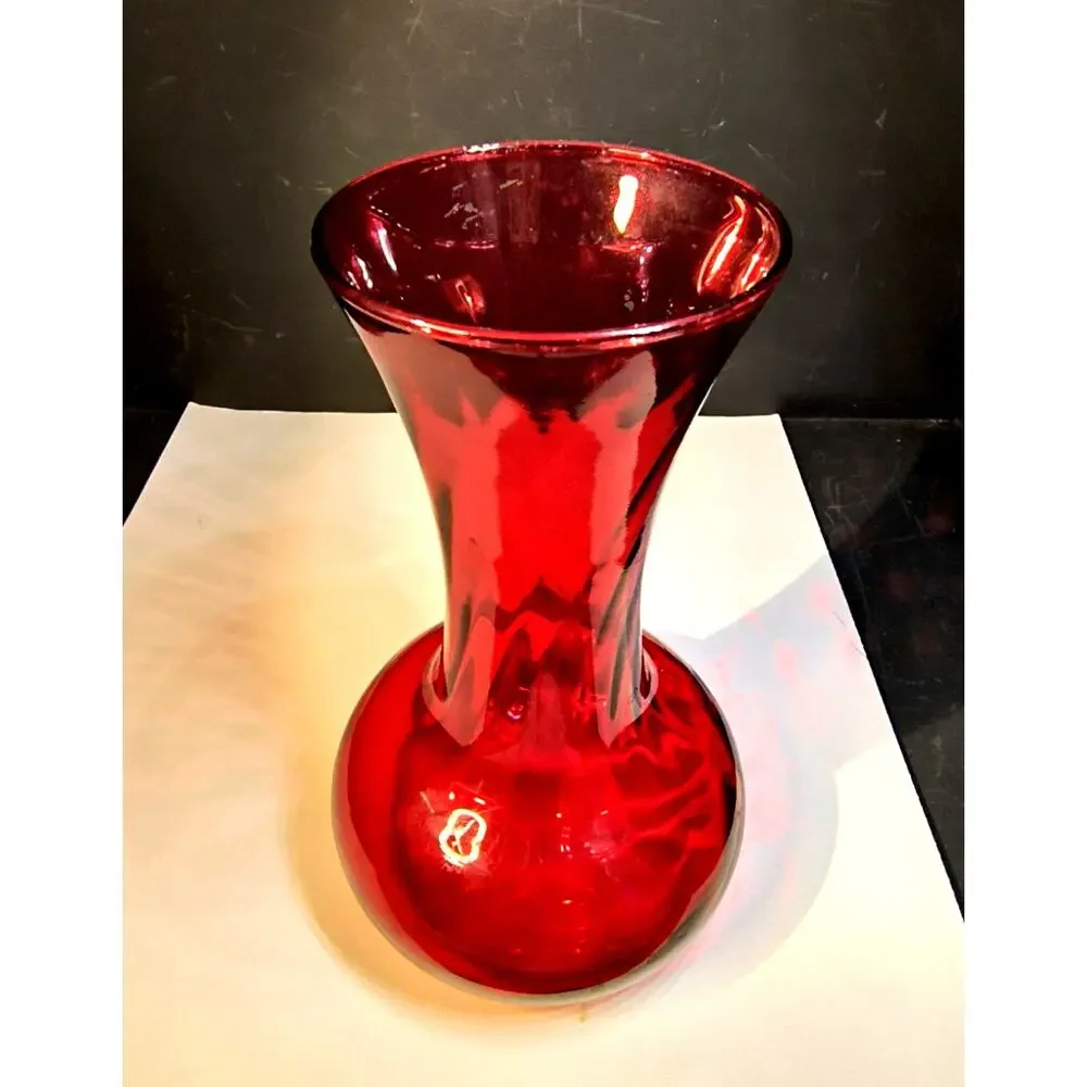 2118. Vintage Cranberry or Ruby Red Glass Vase 8 Inches Bulbous Base